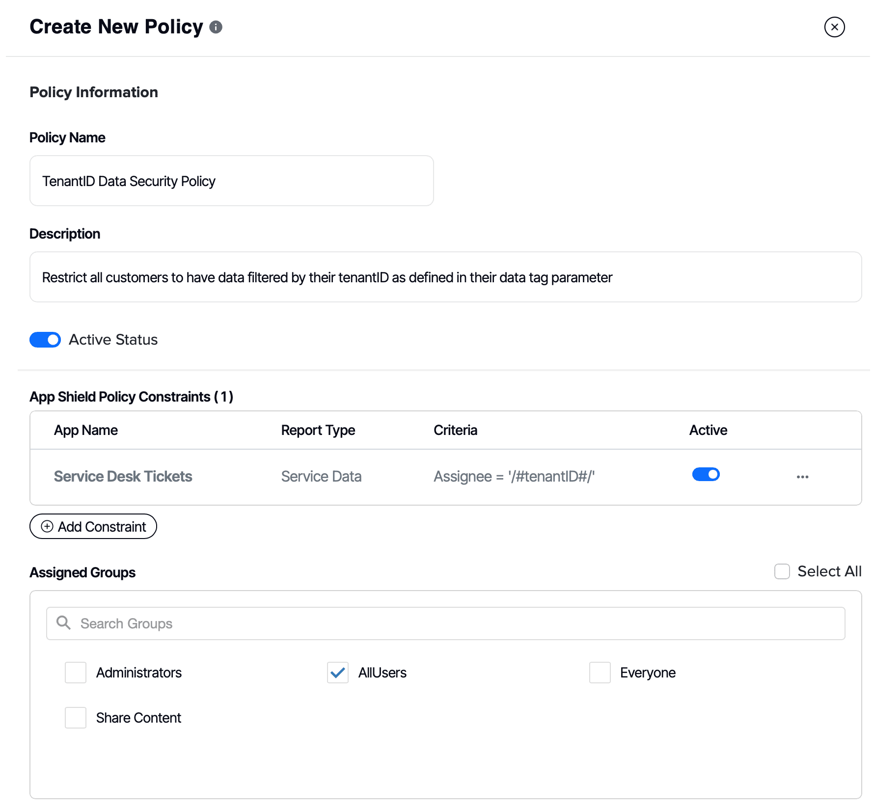 Yurbi App Shield Data Security policy — tenant data restricted by tenantID for all users via App Shield Policy Constraints